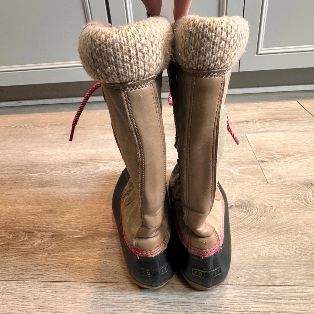 Esprit Belinda Tan Knit Cuff Duck Boots Red Laces Winter Warm‎ Size 7.5
